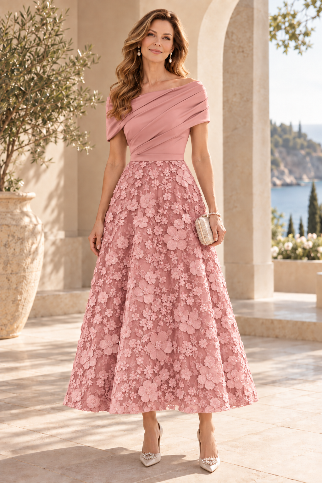 Floral Embroidered Off-the-Shoulder Midi Dress