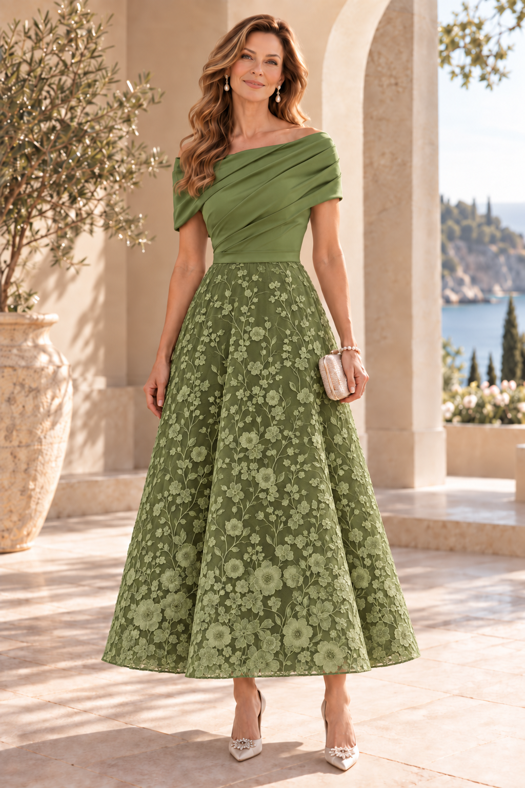 Floral Embroidered Off-the-Shoulder Midi Dress