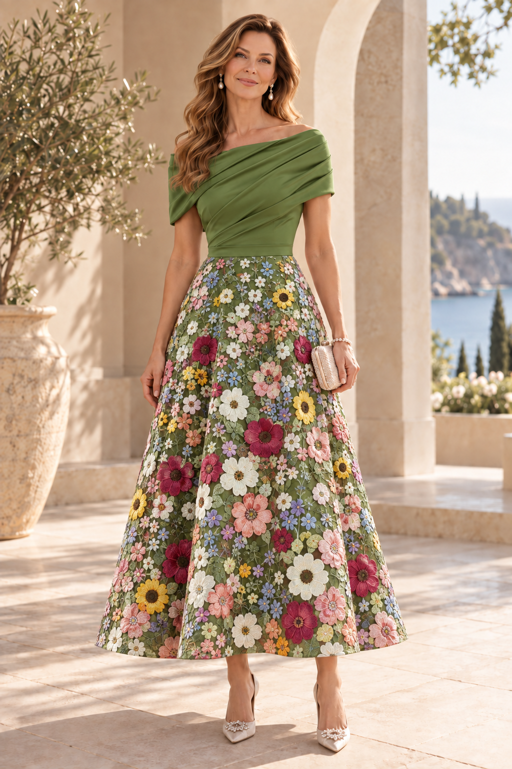 Floral Embroidered Off-the-Shoulder Midi Dress