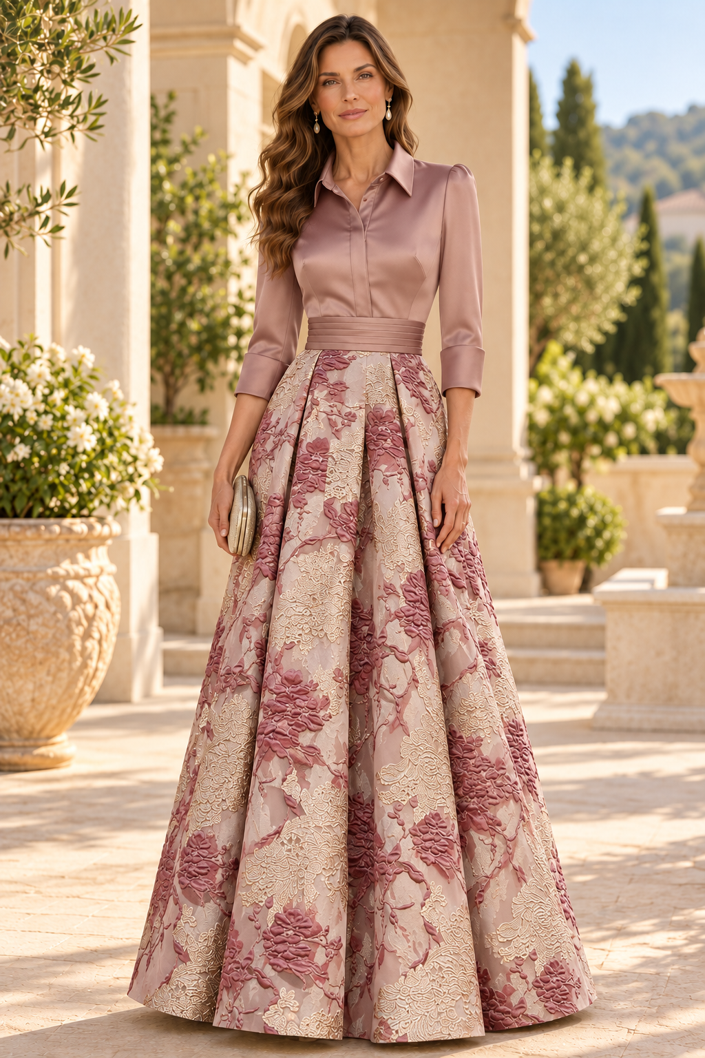 Collared Brocade Skirt Ball Gown