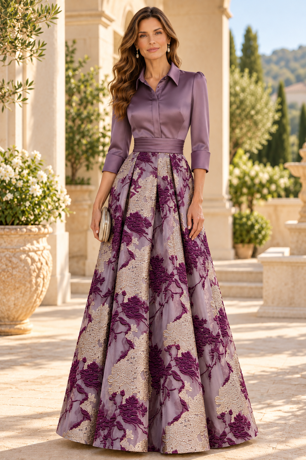 Collared Brocade Skirt Ball Gown