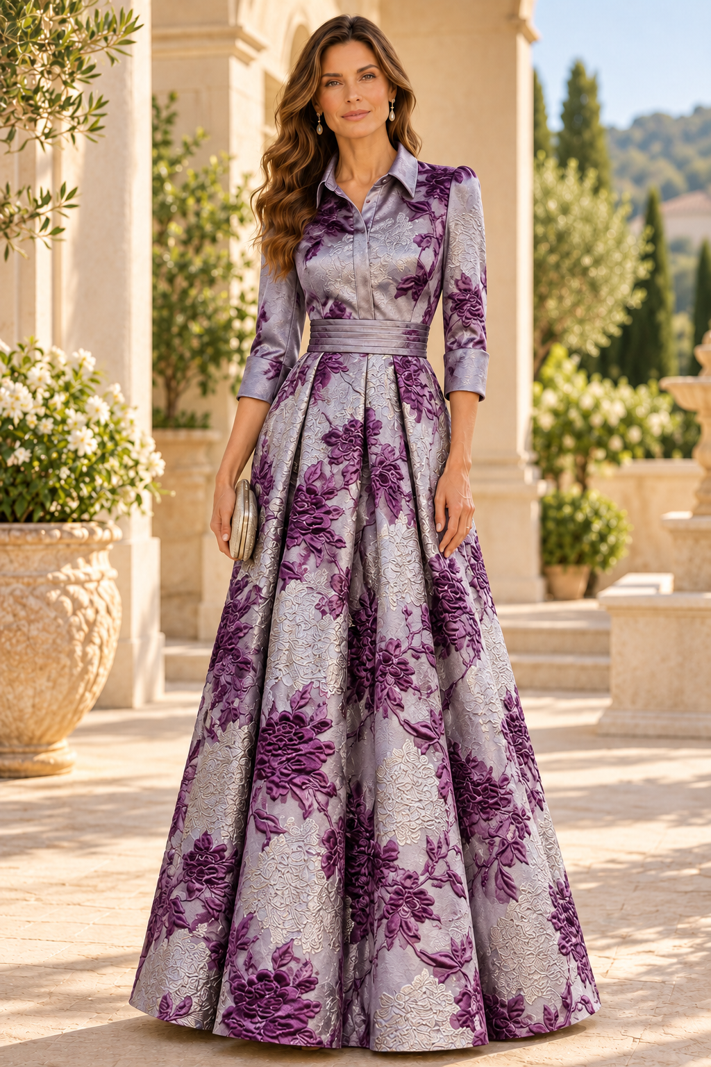Collared Brocade Skirt Ball Gown
