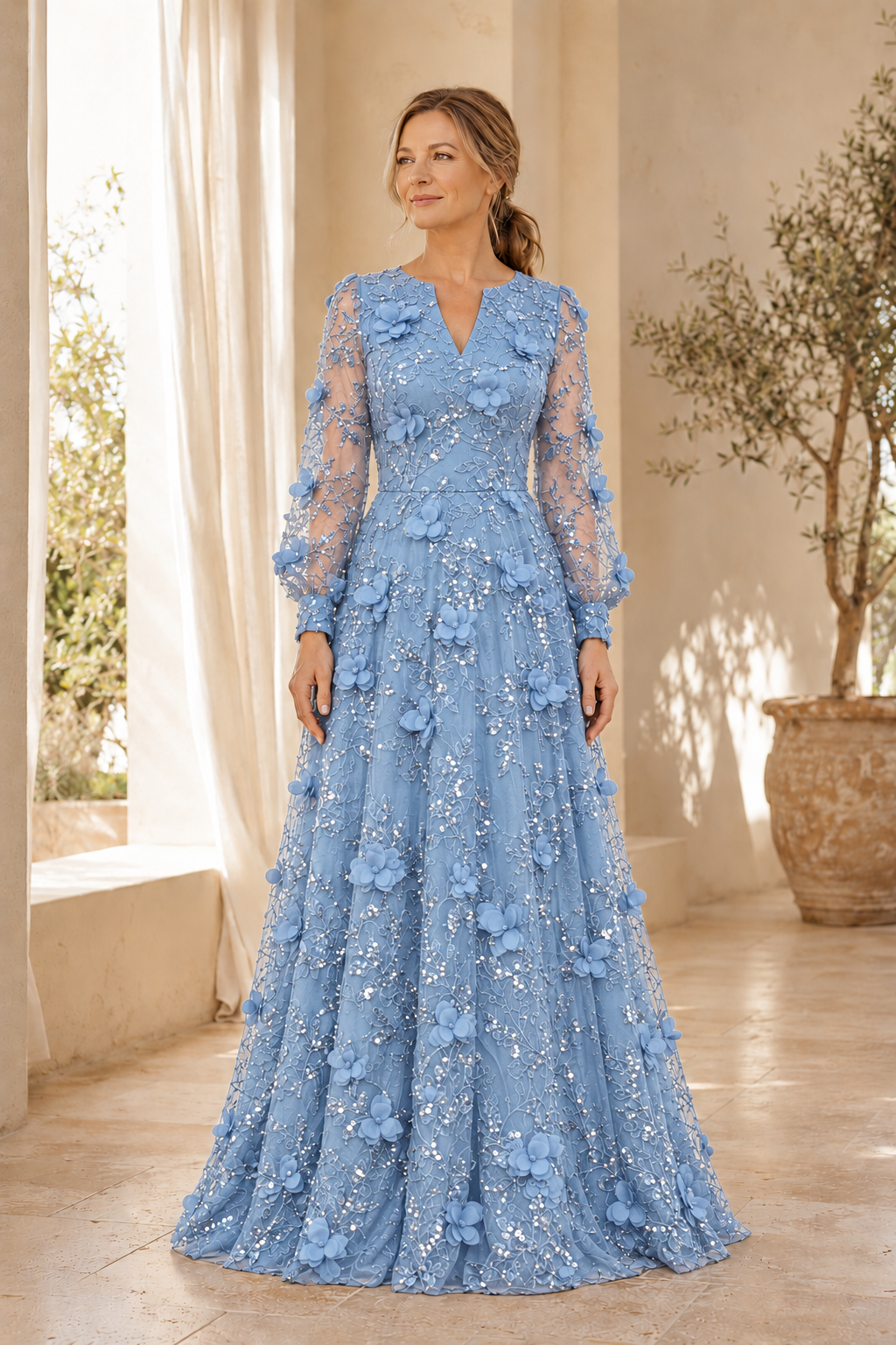 Vestido Largo de Novia Corte A de Encaje de Manga Larga con Aplicaciones Florales 3D