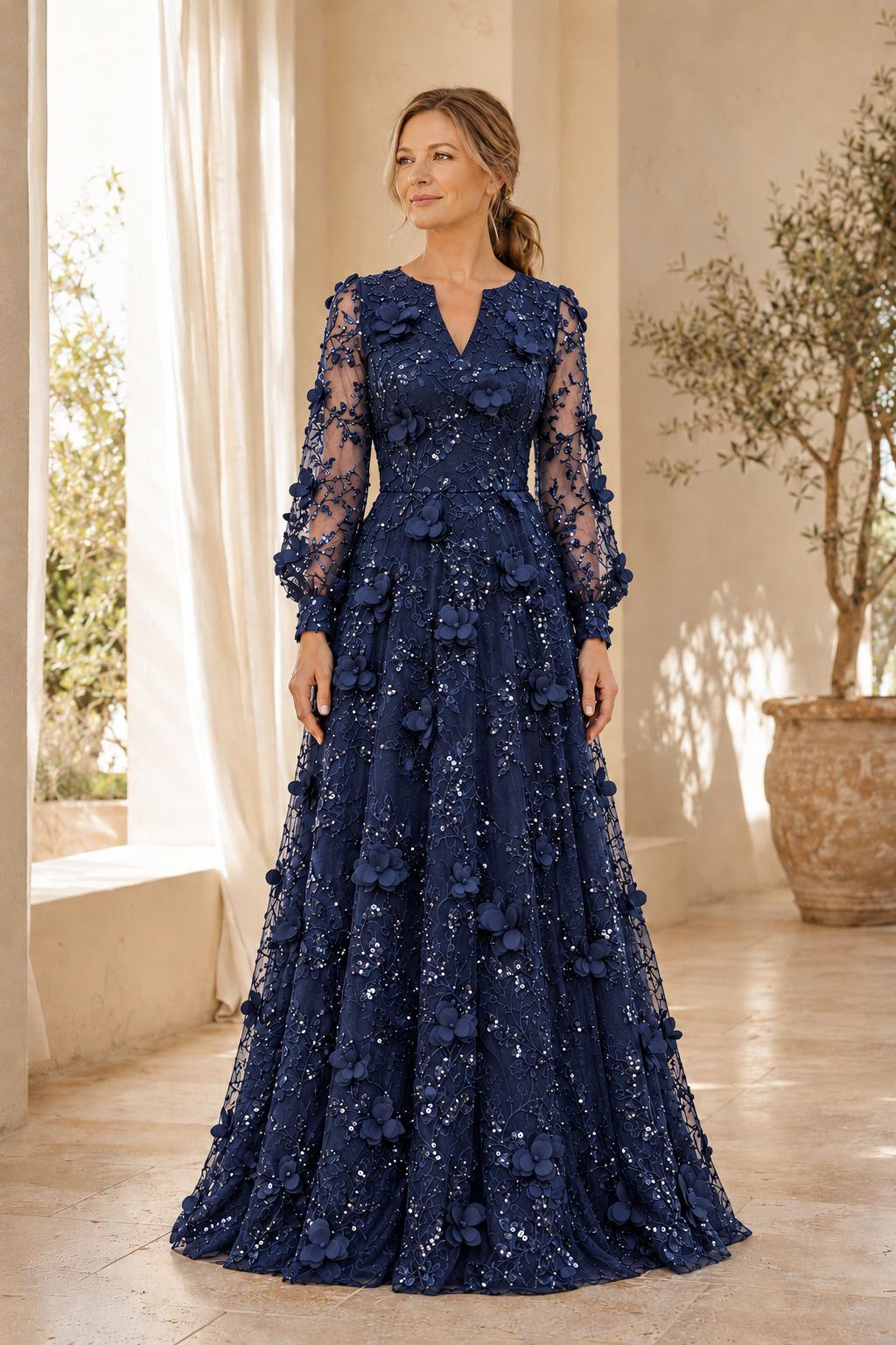 Vestido Largo de Novia Corte A de Encaje de Manga Larga con Aplicaciones Florales 3D