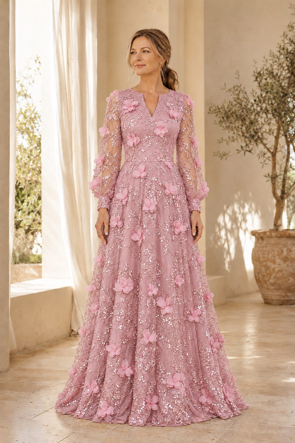Vestido Largo de Novia Corte A de Encaje de Manga Larga con Aplicaciones Florales 3D