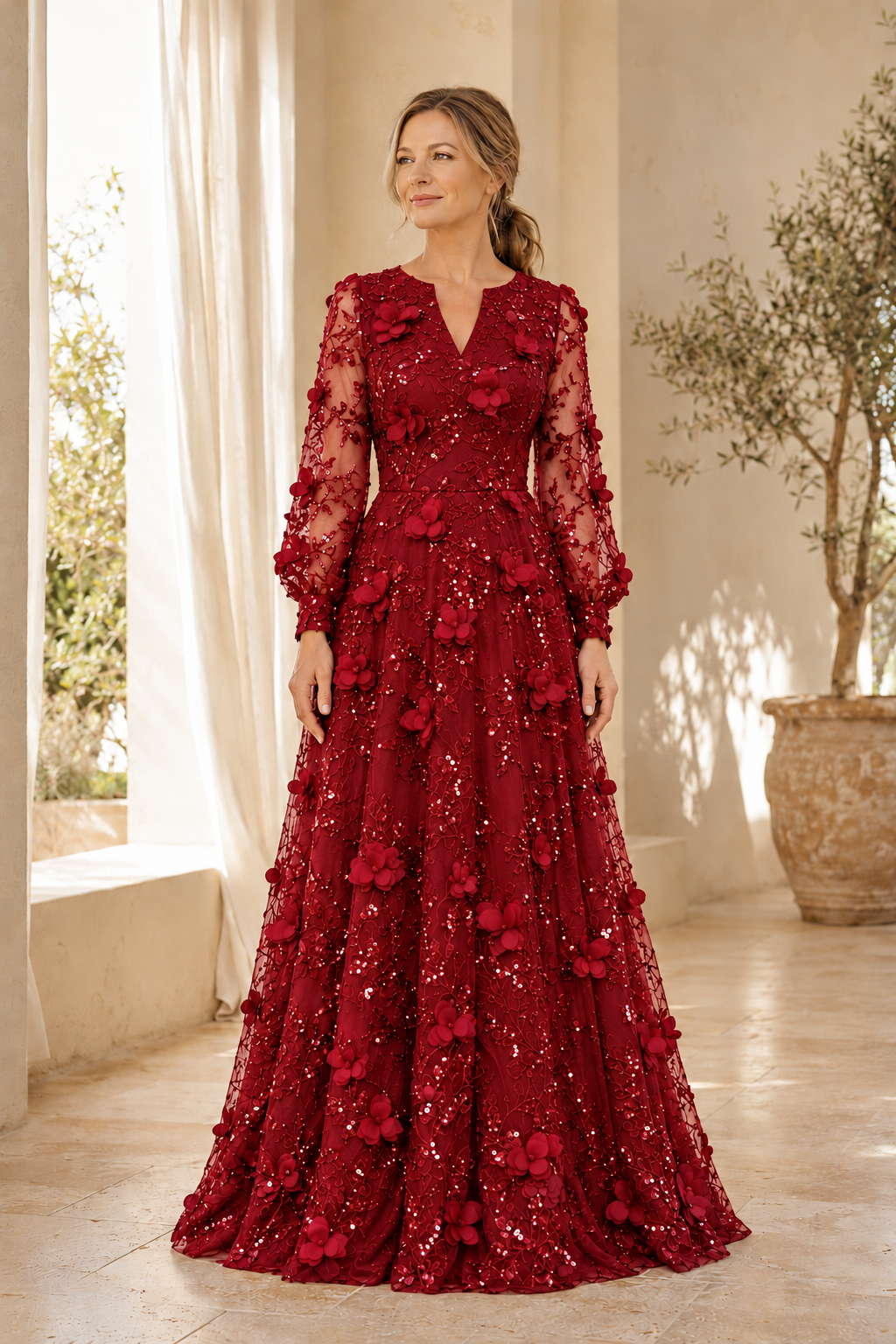 Vestido Largo de Novia Corte A de Encaje de Manga Larga con Aplicaciones Florales 3D