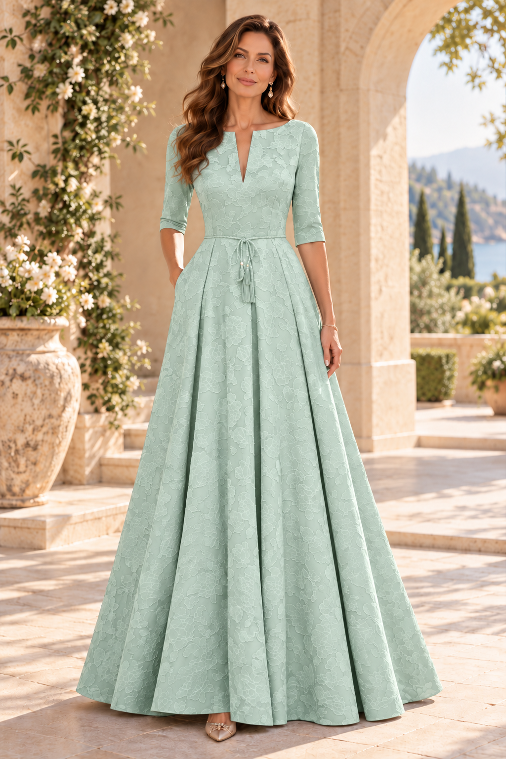 Jacquard A-Line Gown with Slit Neckline & 3/4 Sleeves