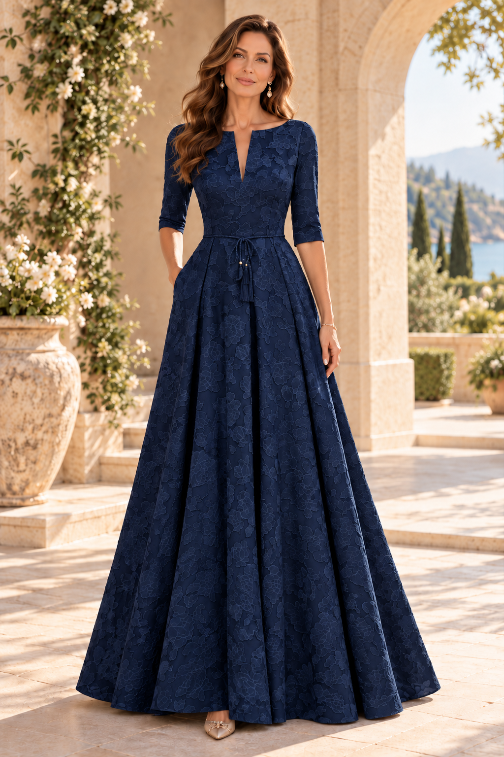 Jacquard A-Line Gown with Slit Neckline & 3/4 Sleeves