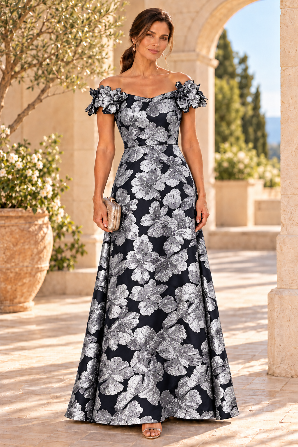 Floral Jacquard Off-Shoulder Gown with 3D Flowers