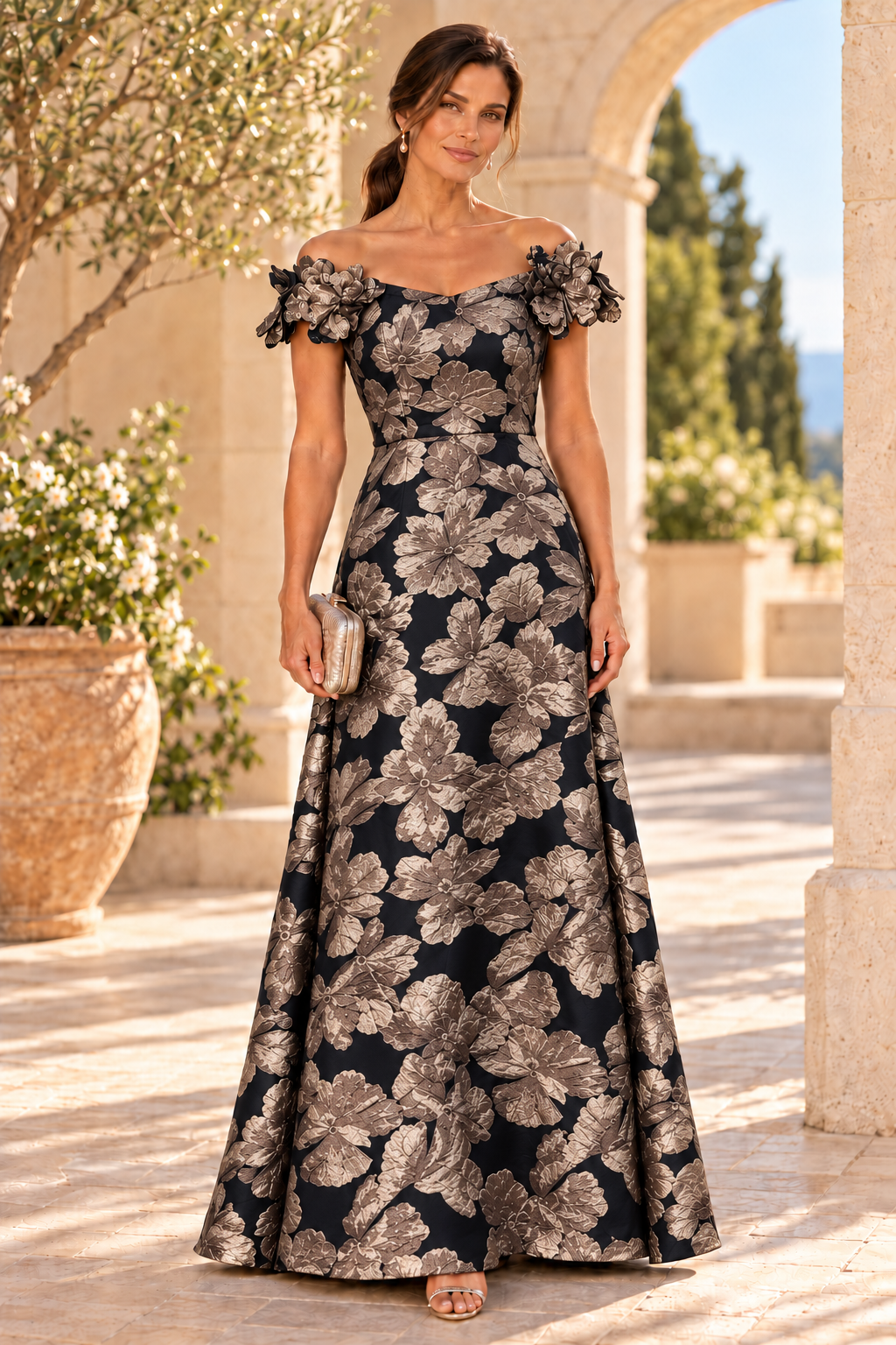 Floral Jacquard Off-Shoulder Gown with 3D Flowers