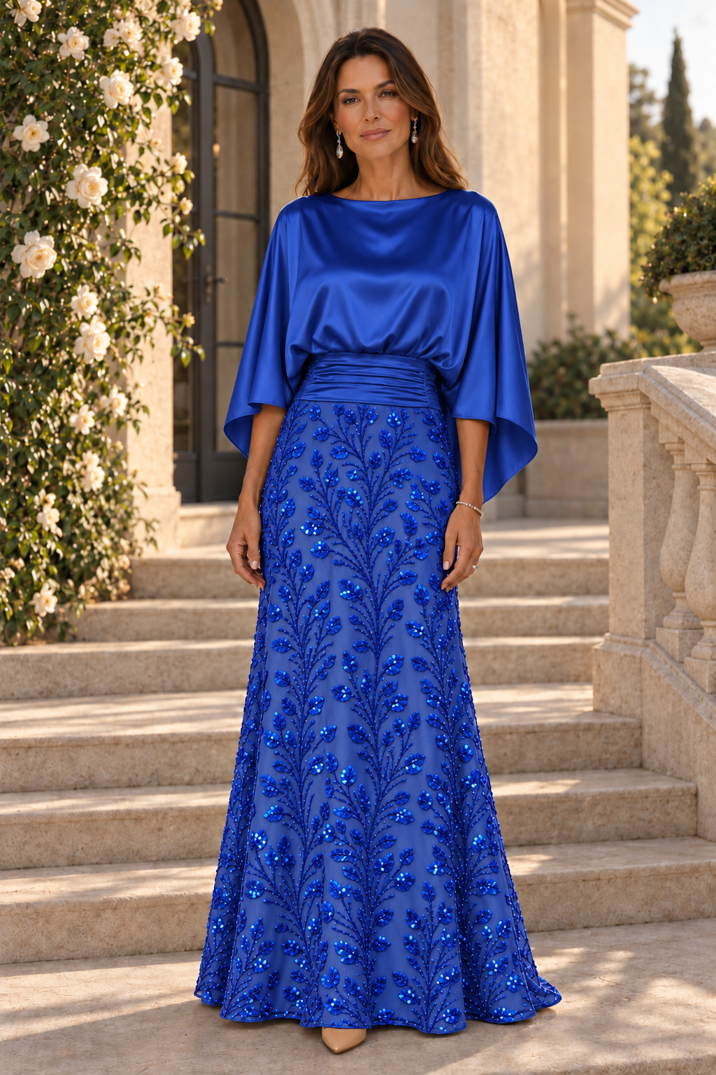 Vestido de raso con cuerpo tipo capelina y falda de lentejuelas
