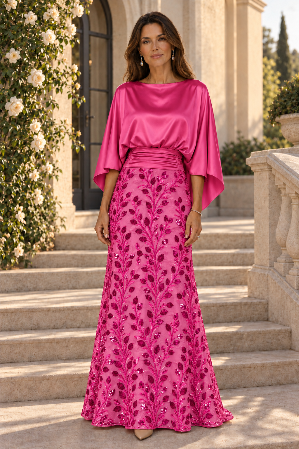 Vestido de raso con cuerpo tipo capelina y falda de lentejuelas