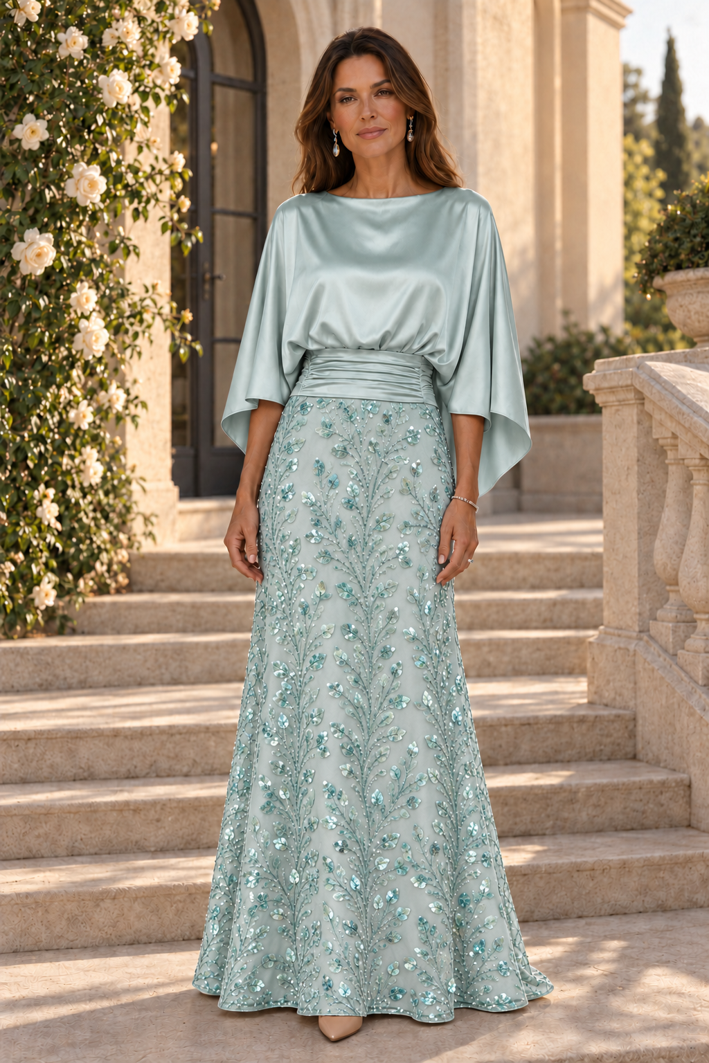 Vestido de raso con cuerpo tipo capelina y falda de lentejuelas