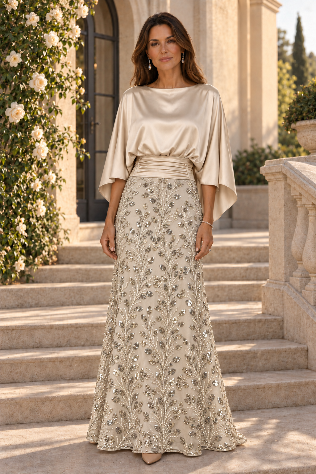 Vestido de raso con cuerpo tipo capelina y falda de lentejuelas