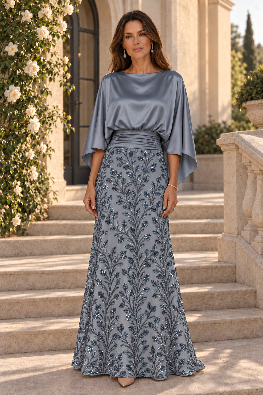 Vestido de raso con cuerpo tipo capelina y falda de lentejuelas