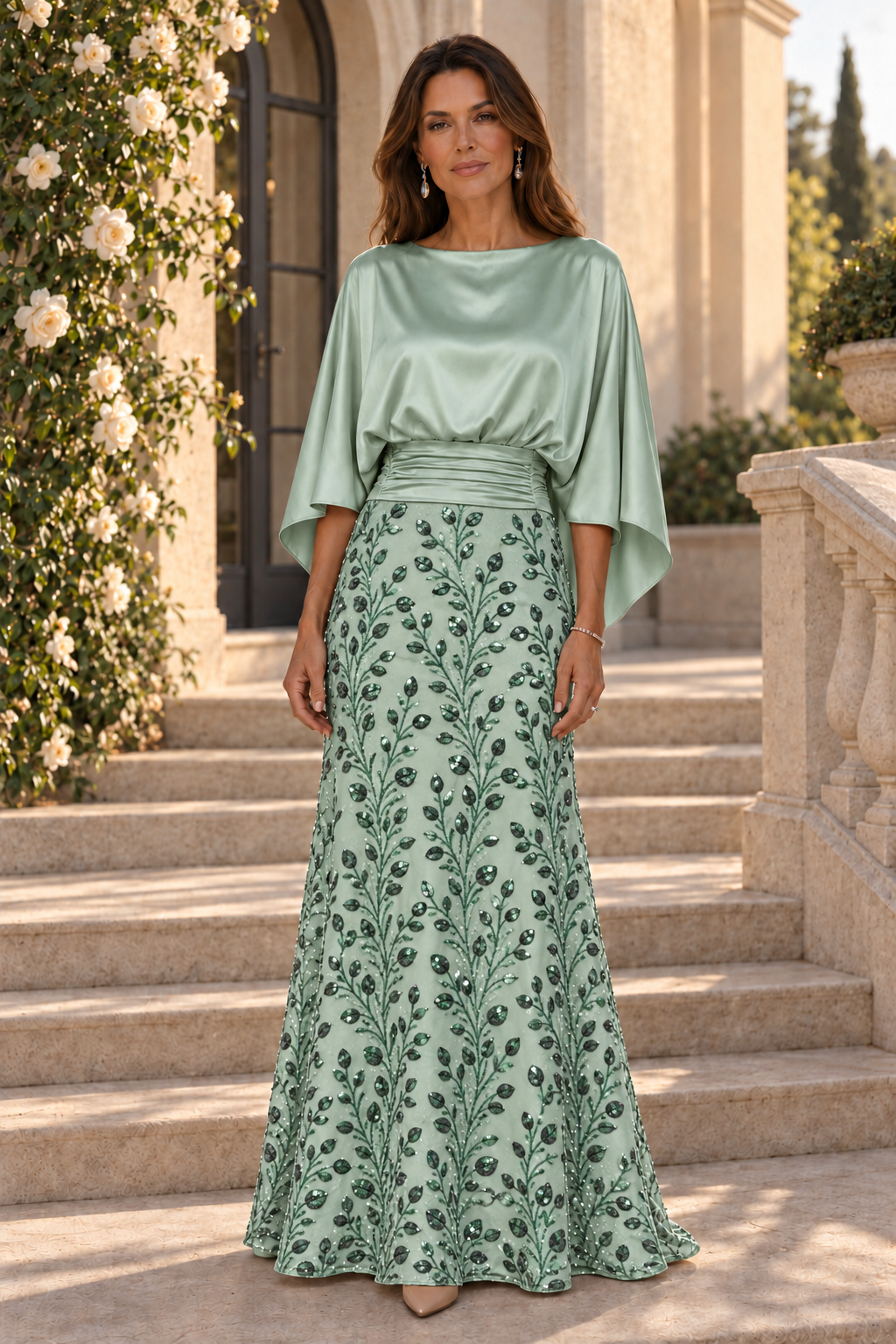 Vestido de raso con cuerpo tipo capelina y falda de lentejuelas