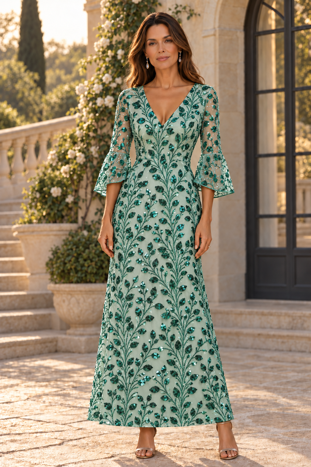 Vestido Largo con Lentejuelas, Mangas Acampanadas, Cuello en V y Corte A
