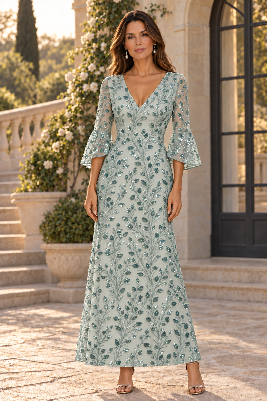 Vestido Largo con Lentejuelas, Mangas Acampanadas, Cuello en V y Corte A