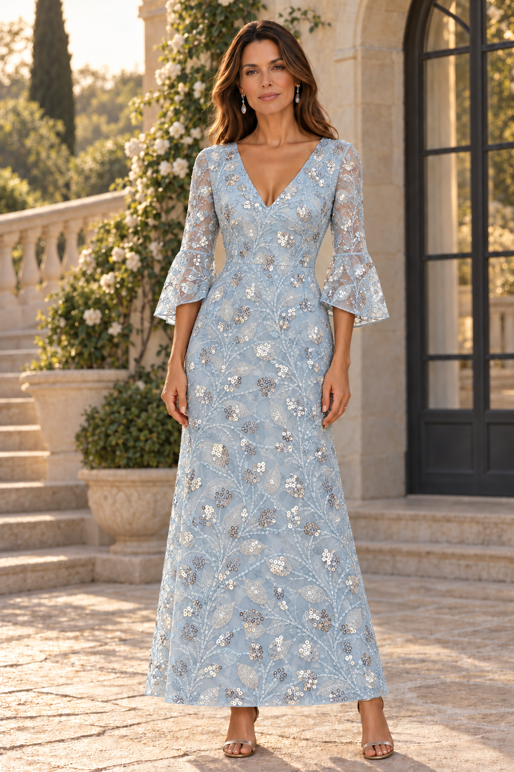 Vestido Largo con Lentejuelas, Mangas Acampanadas, Cuello en V y Corte A