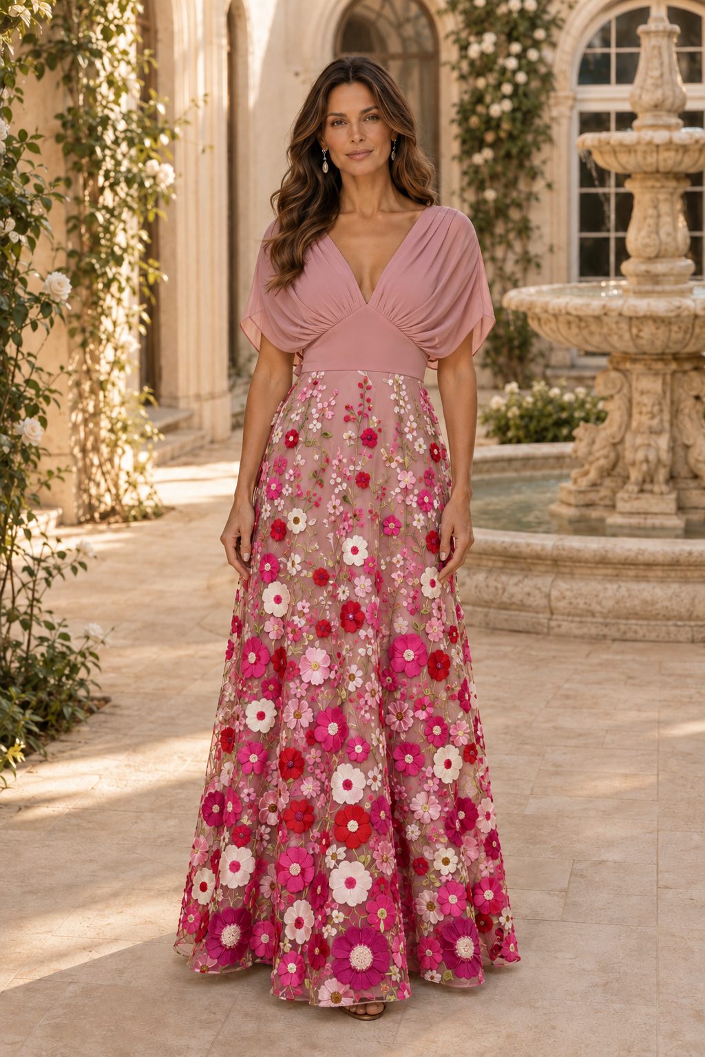 Vestido largo de corte A floral con cuello en V y manga con volantes