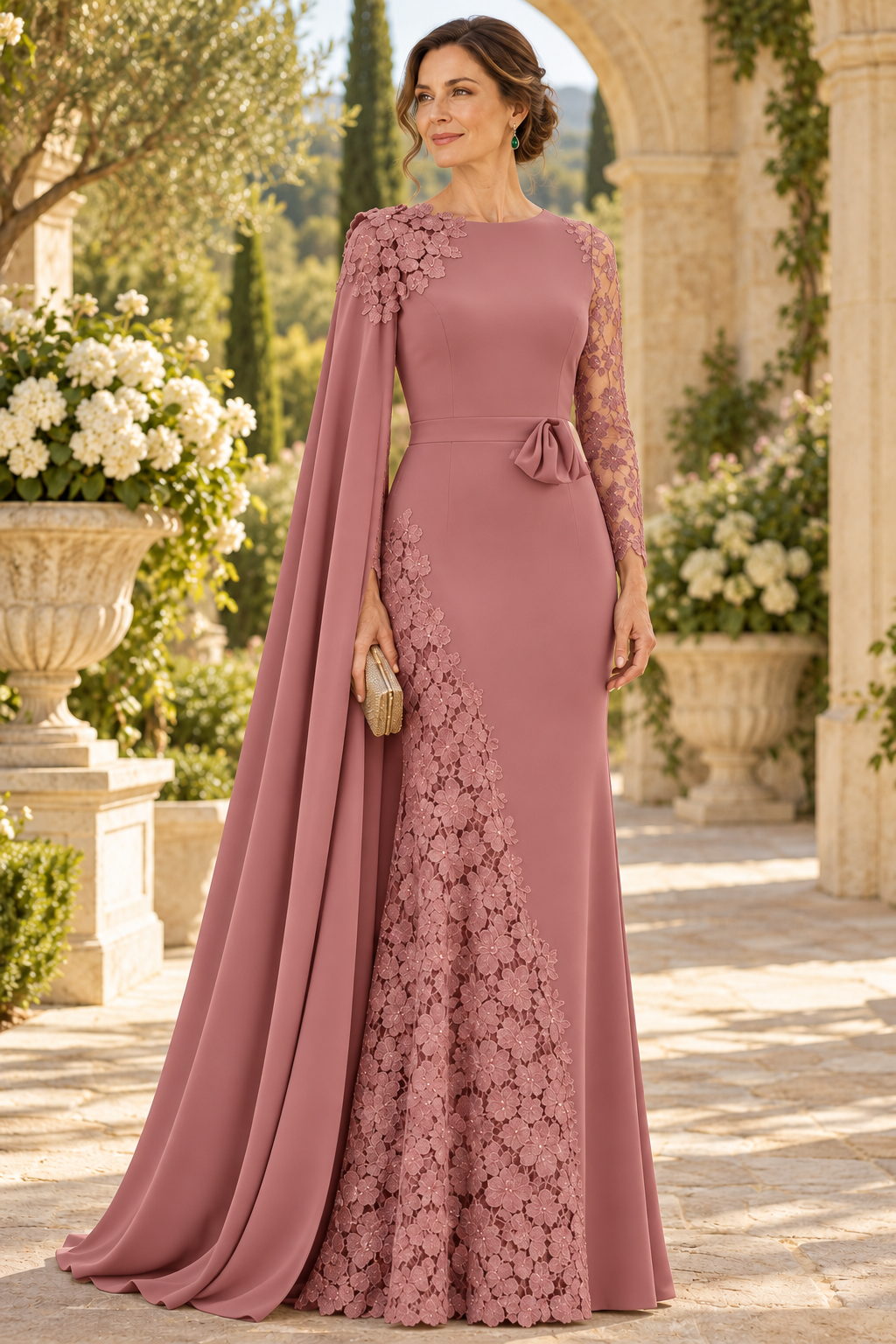 Cape Evening Gown with Lace Applique Inset