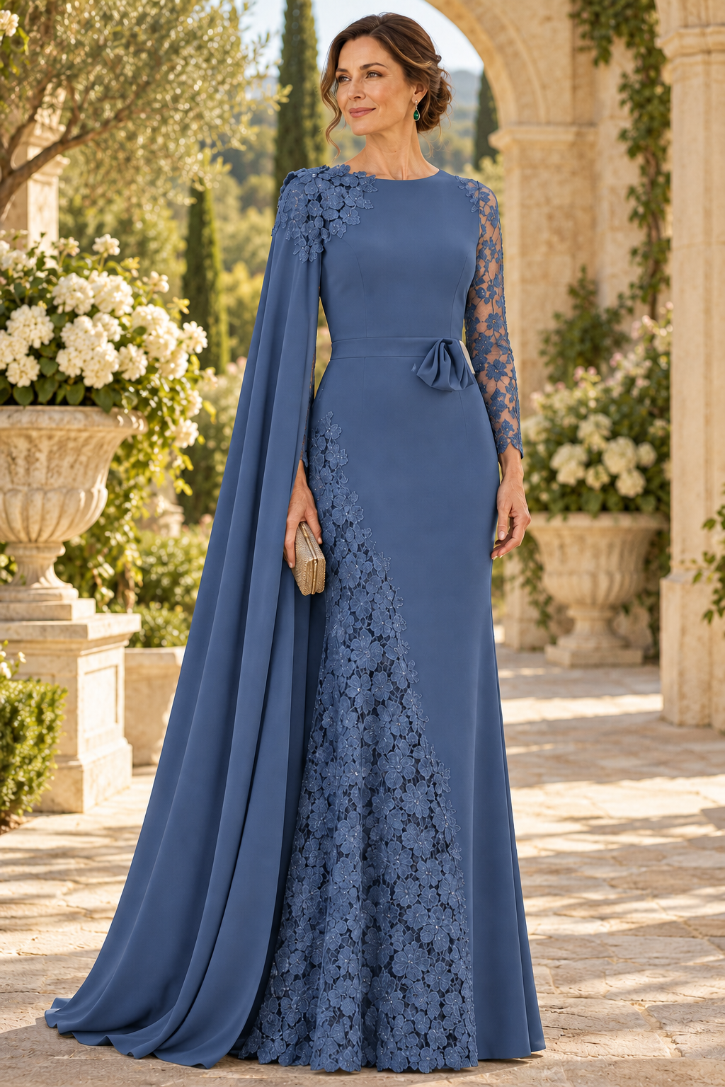 Cape Evening Gown with Lace Applique Inset