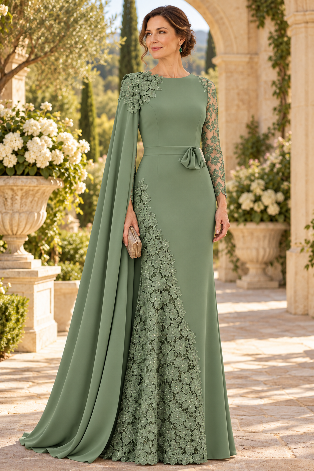 Cape Evening Gown with Lace Applique Inset