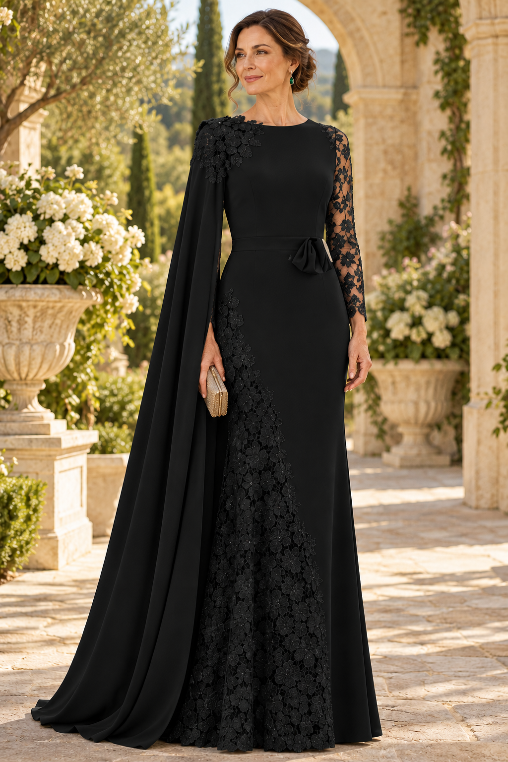 Cape Evening Gown with Lace Applique Inset