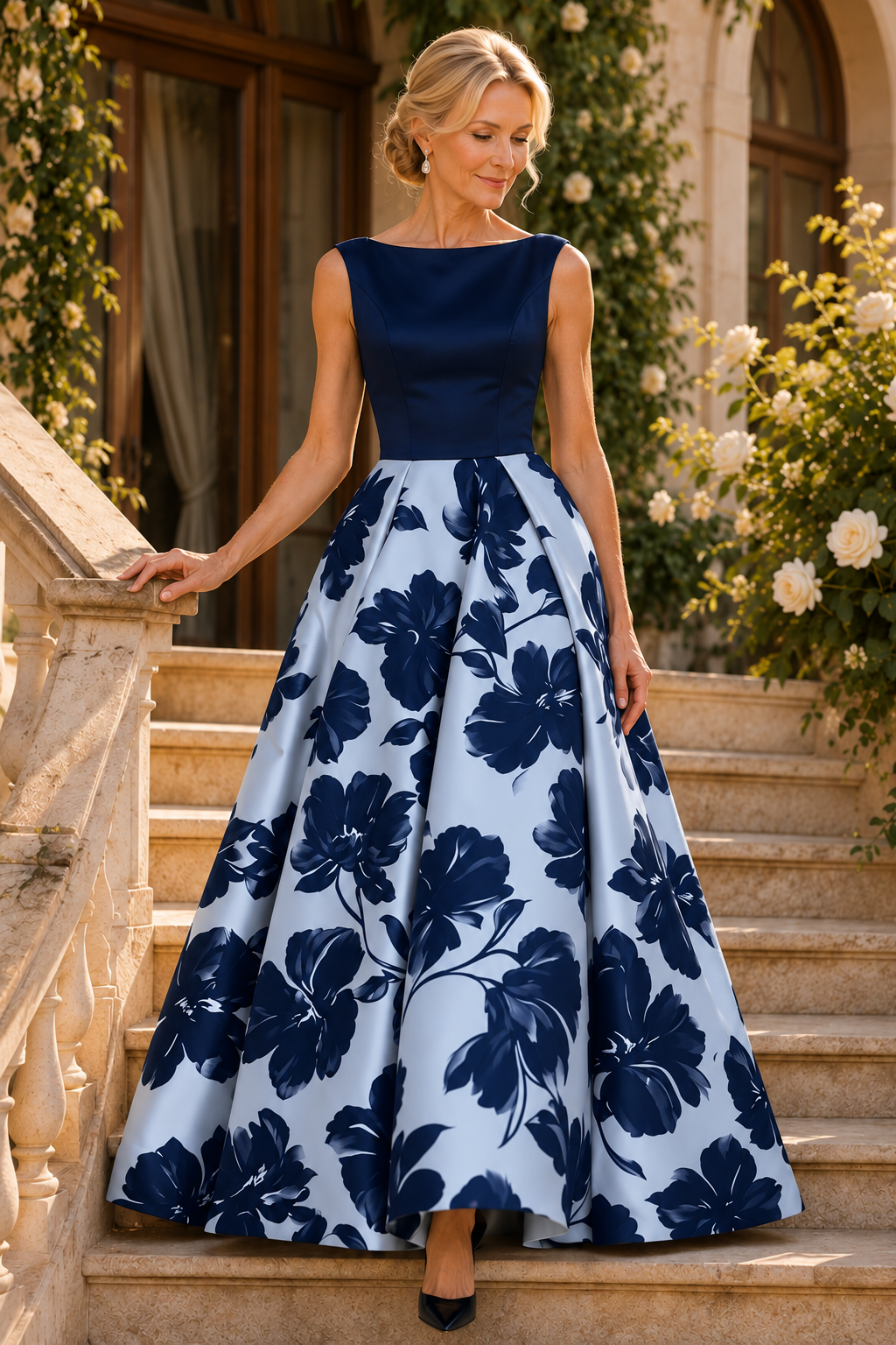 Vestido de Noche con Estampado Floral sin Mangas con Escote Bateau