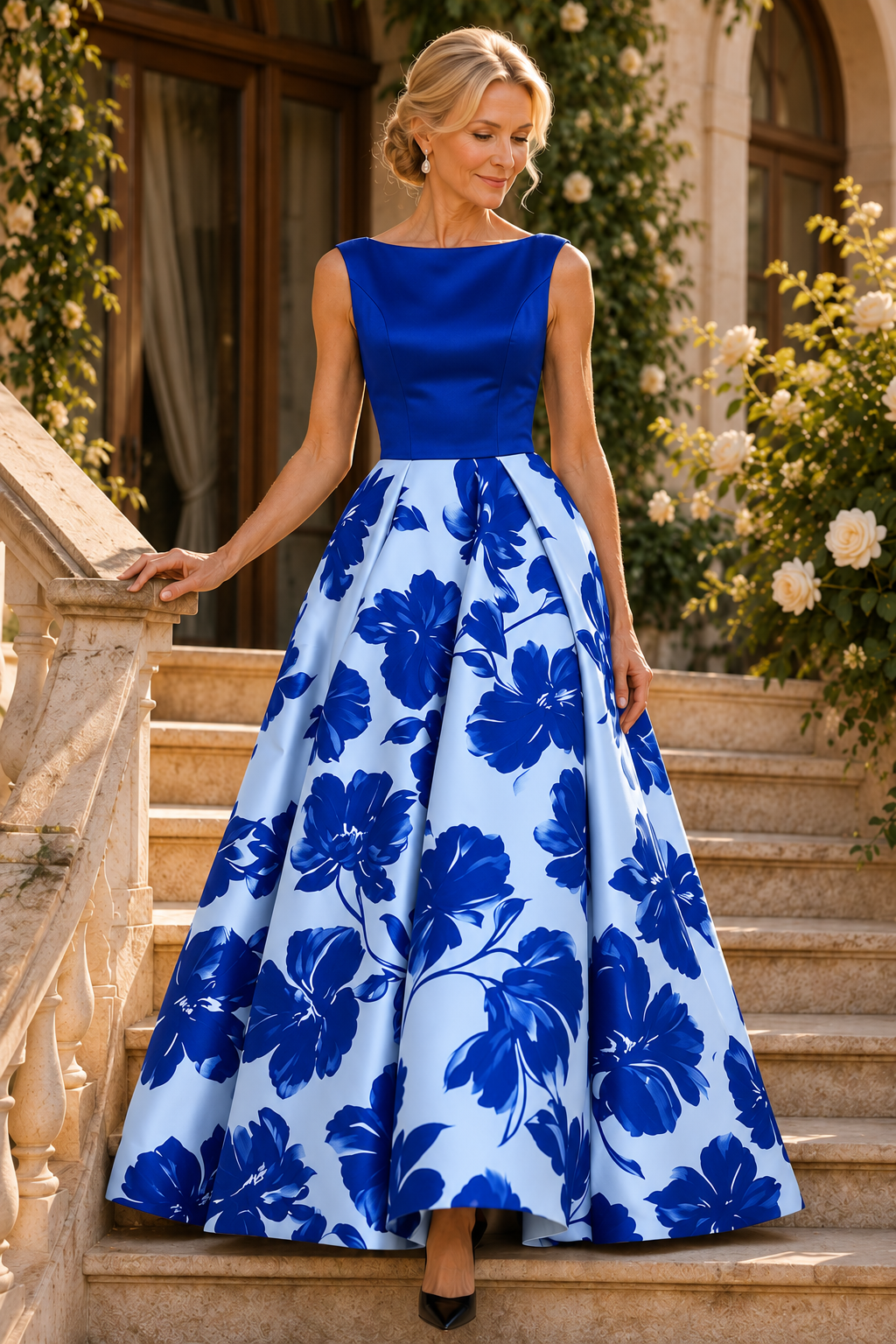 Vestido de Noche con Estampado Floral sin Mangas con Escote Bateau