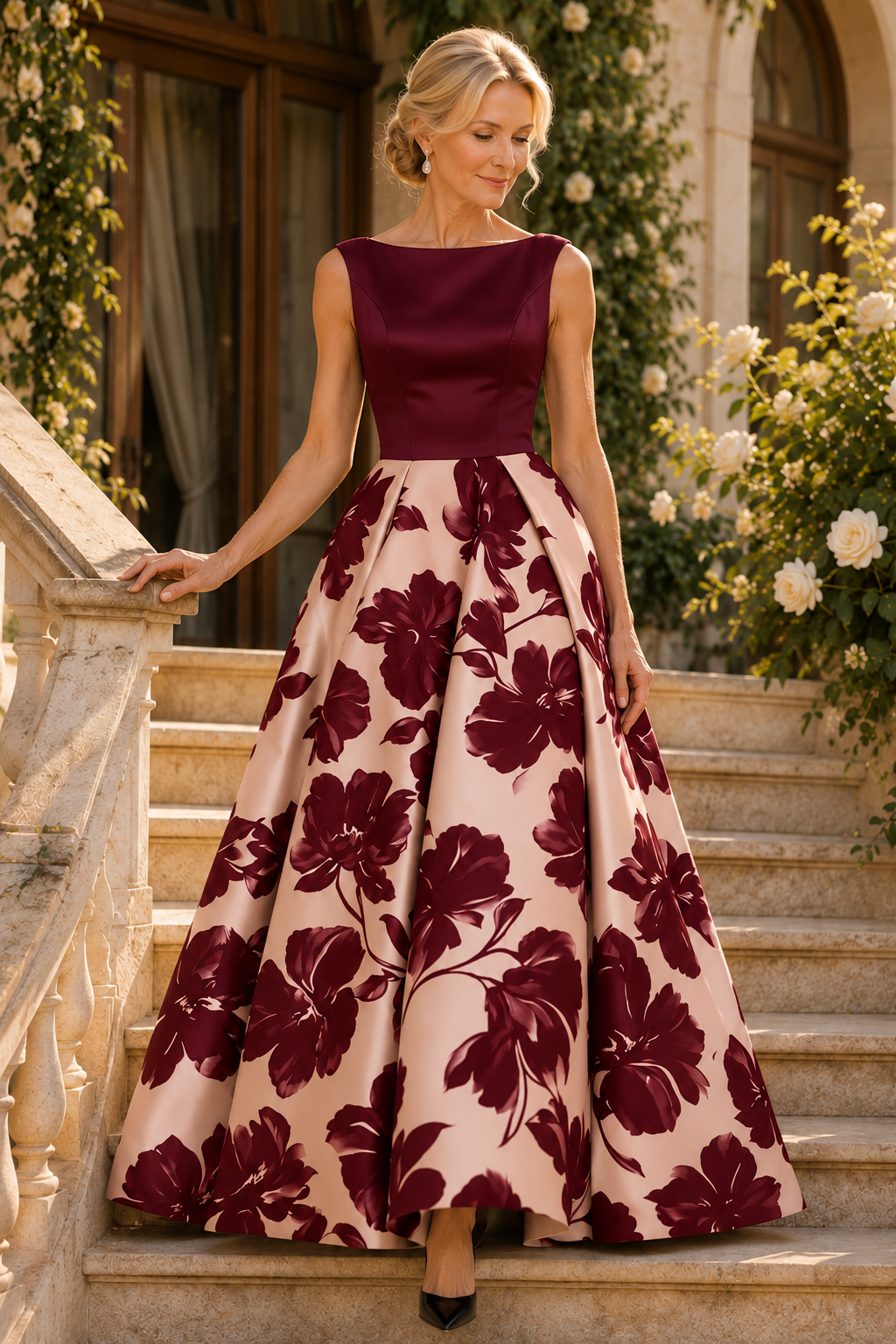 Vestido de Noche con Estampado Floral sin Mangas con Escote Bateau