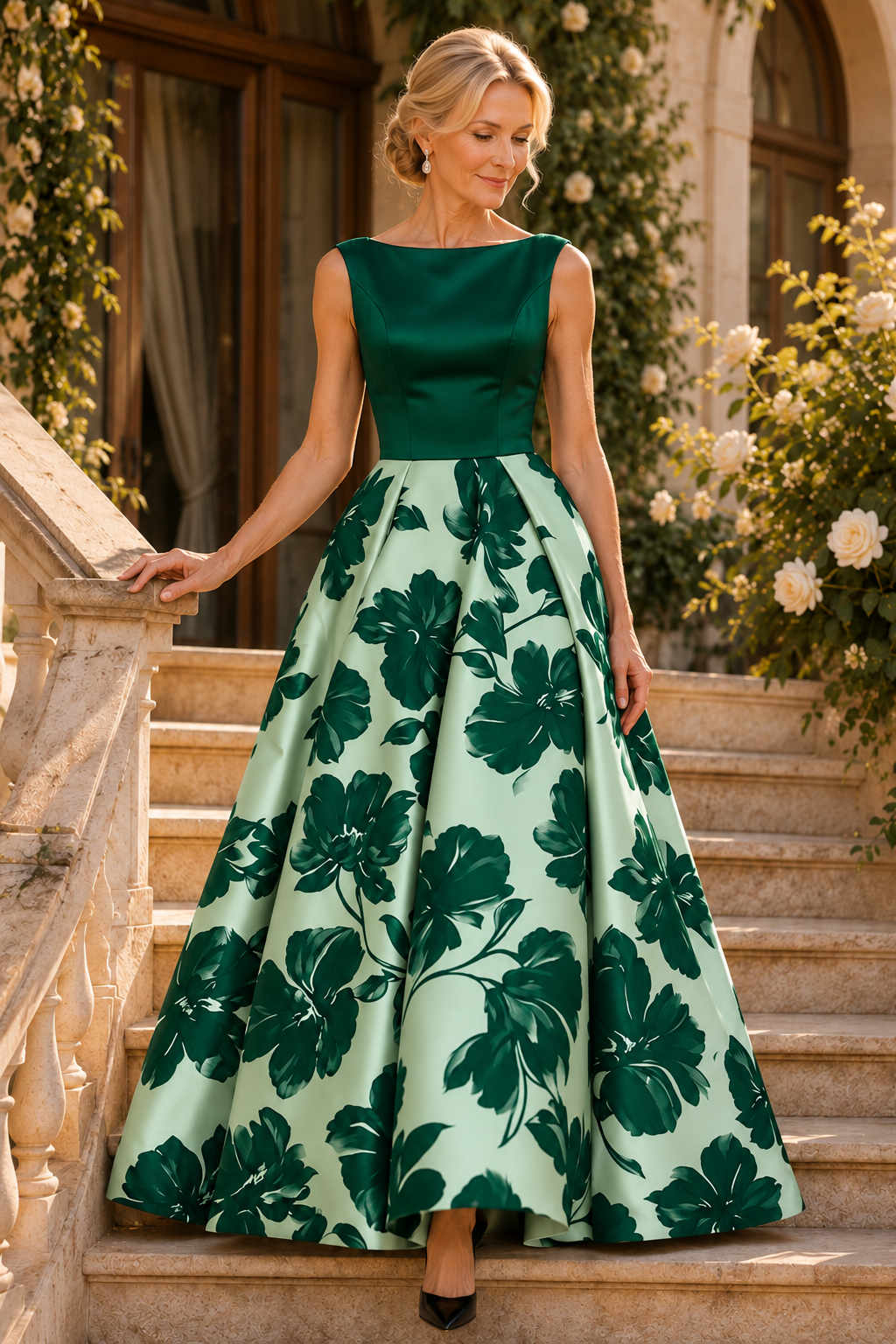Vestido de Noche con Estampado Floral sin Mangas con Escote Bateau