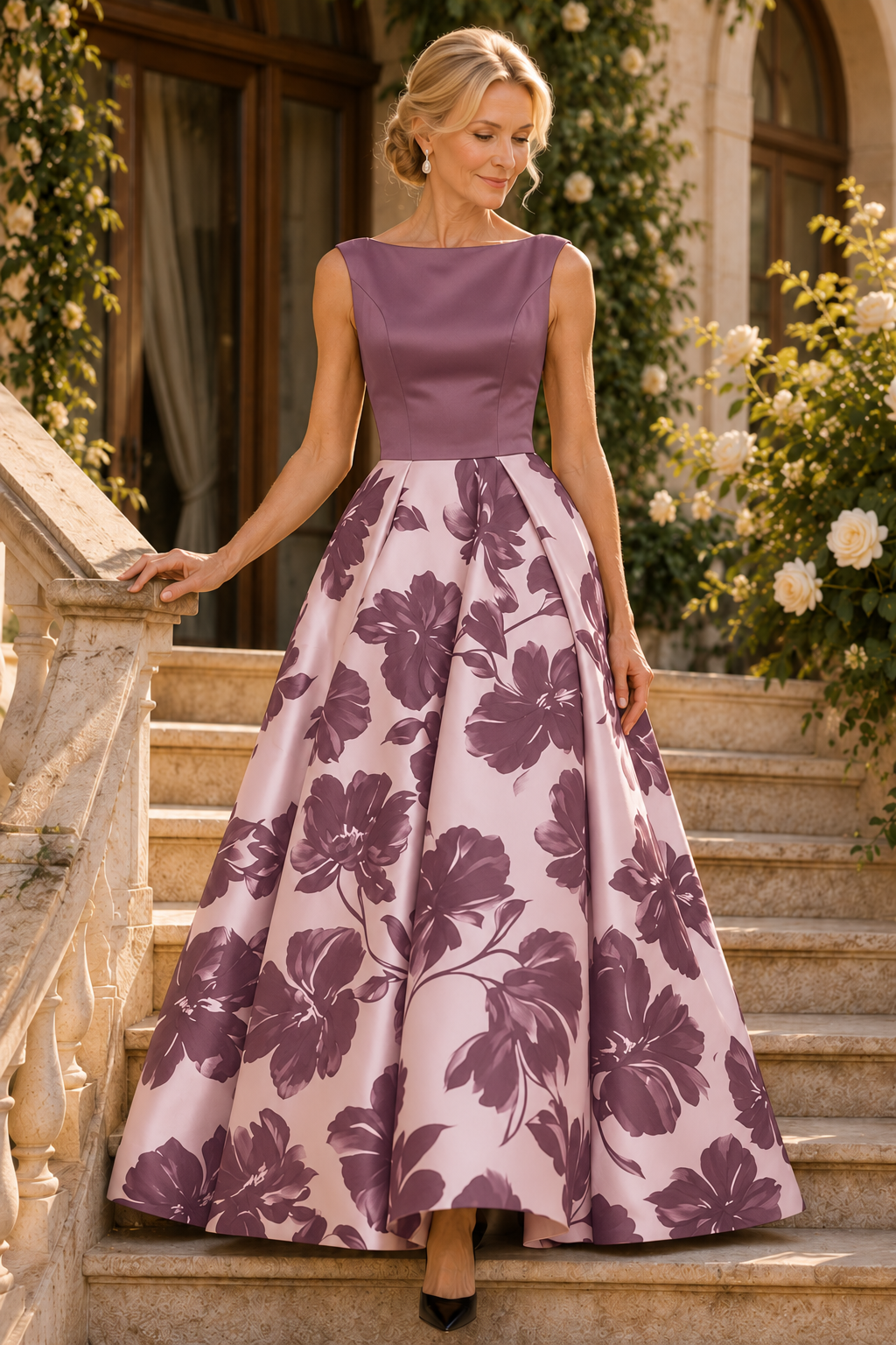 Vestido de Noche con Estampado Floral sin Mangas con Escote Bateau