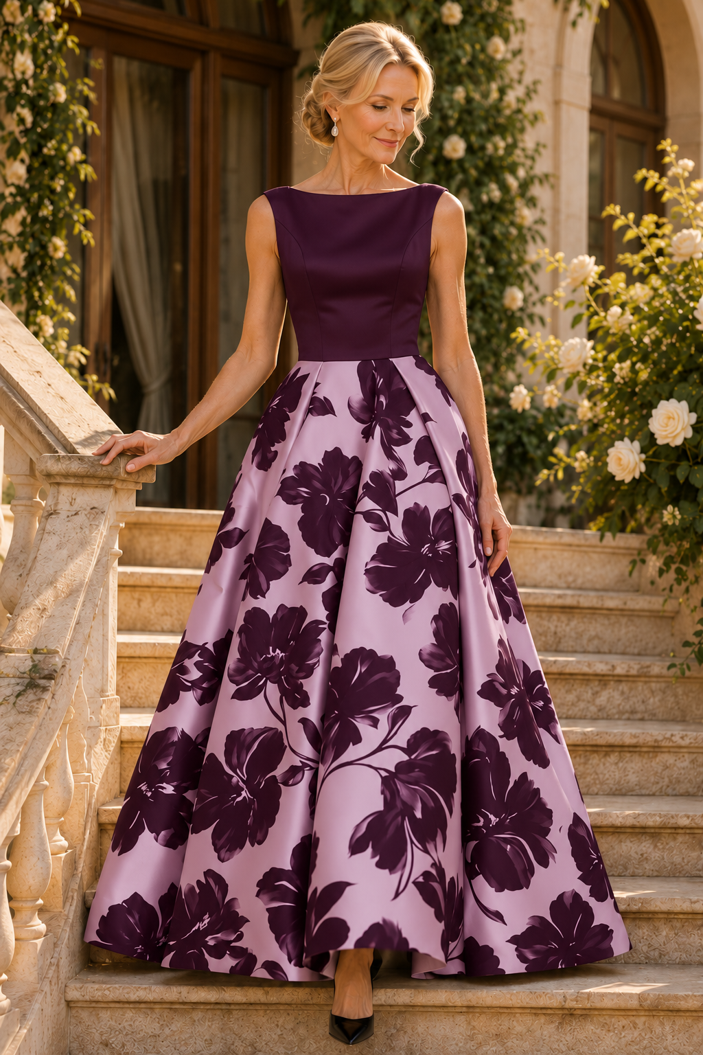 Vestido de Noche con Estampado Floral sin Mangas con Escote Bateau