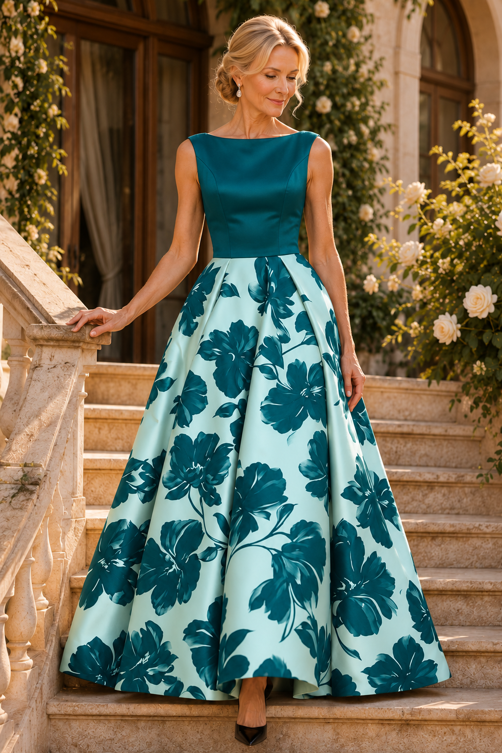 Vestido de Noche con Estampado Floral sin Mangas con Escote Bateau
