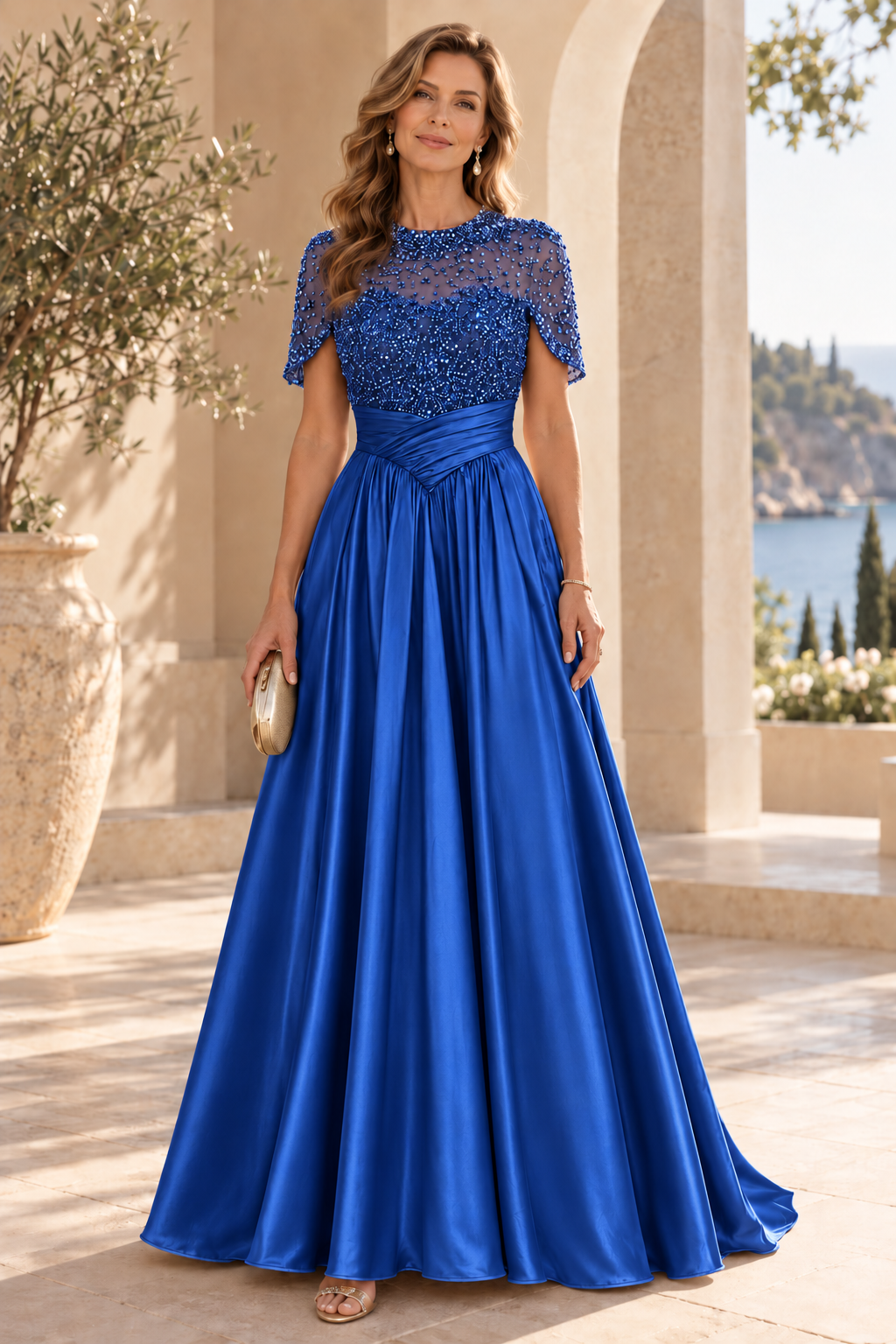 Beaded Illusion Capelet Satin A-Line Gown