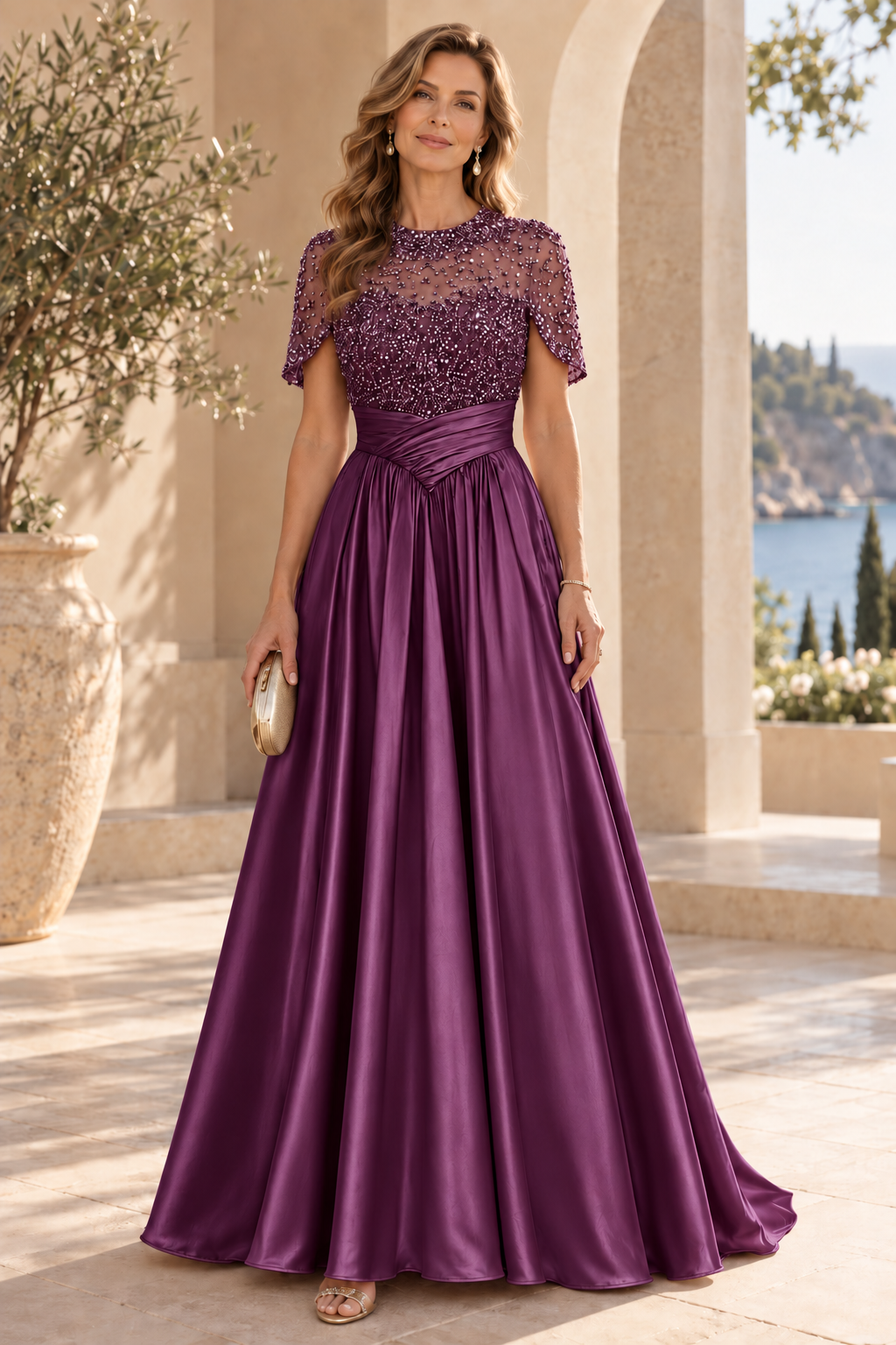 Beaded Illusion Capelet Satin A-Line Gown