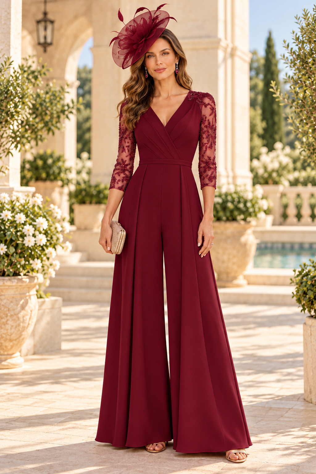Wide-Leg Formal Jumpsuit with Beaded Sleeves