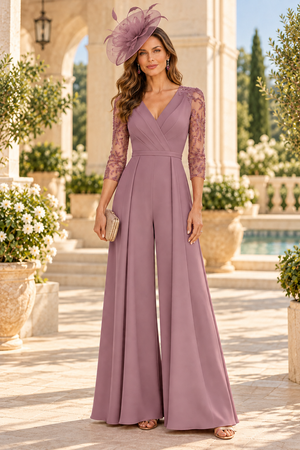 Wide-Leg Formal Jumpsuit with Beaded Sleeves