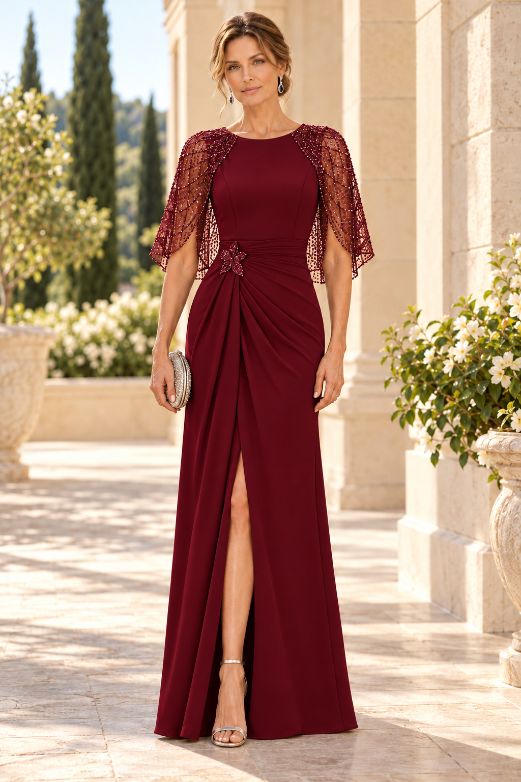 Beaded Flutter Sleeve Gown with Side Slit