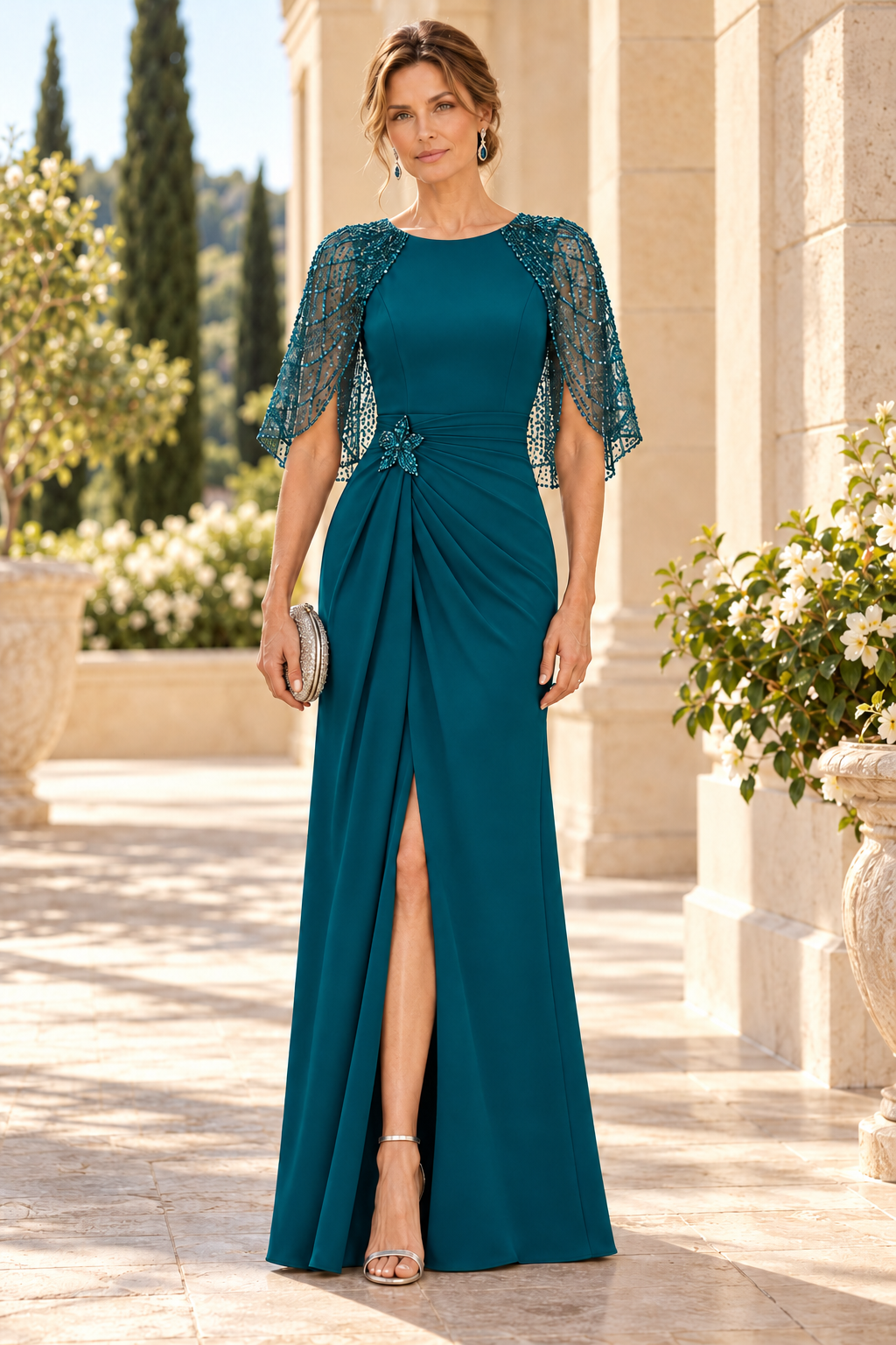 Beaded Flutter Sleeve Gown with Side Slit