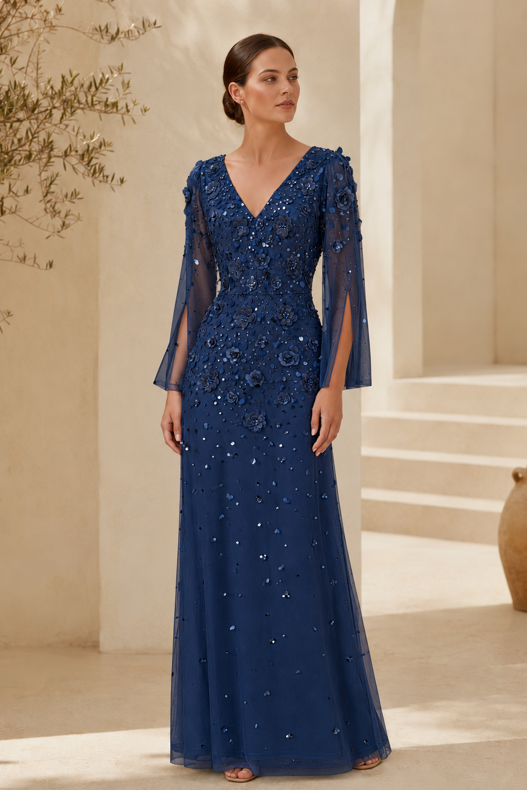 Vestido de noche de manga larga con cuentas florales