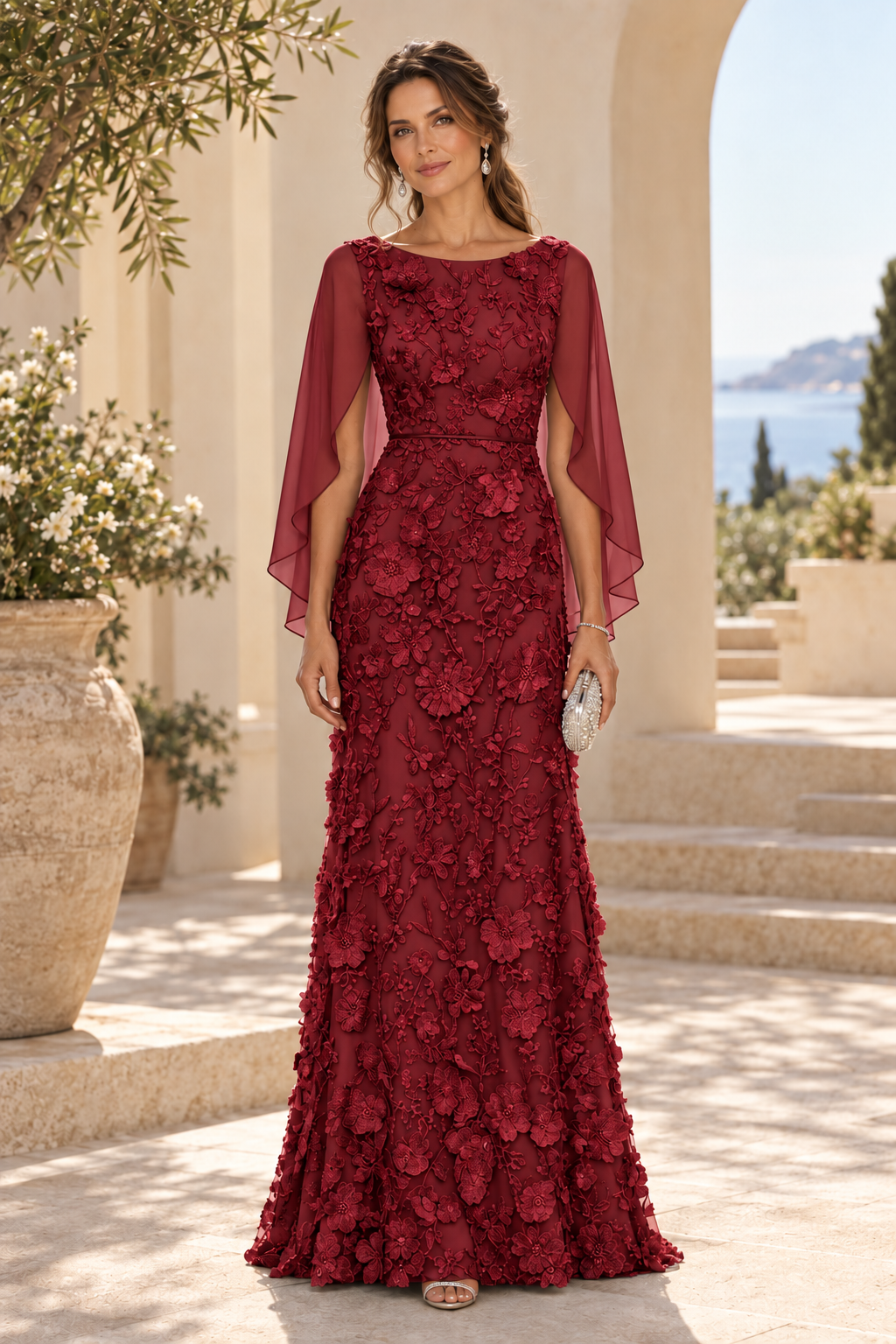 3D Floral Applique Gown with Draped Back Cape