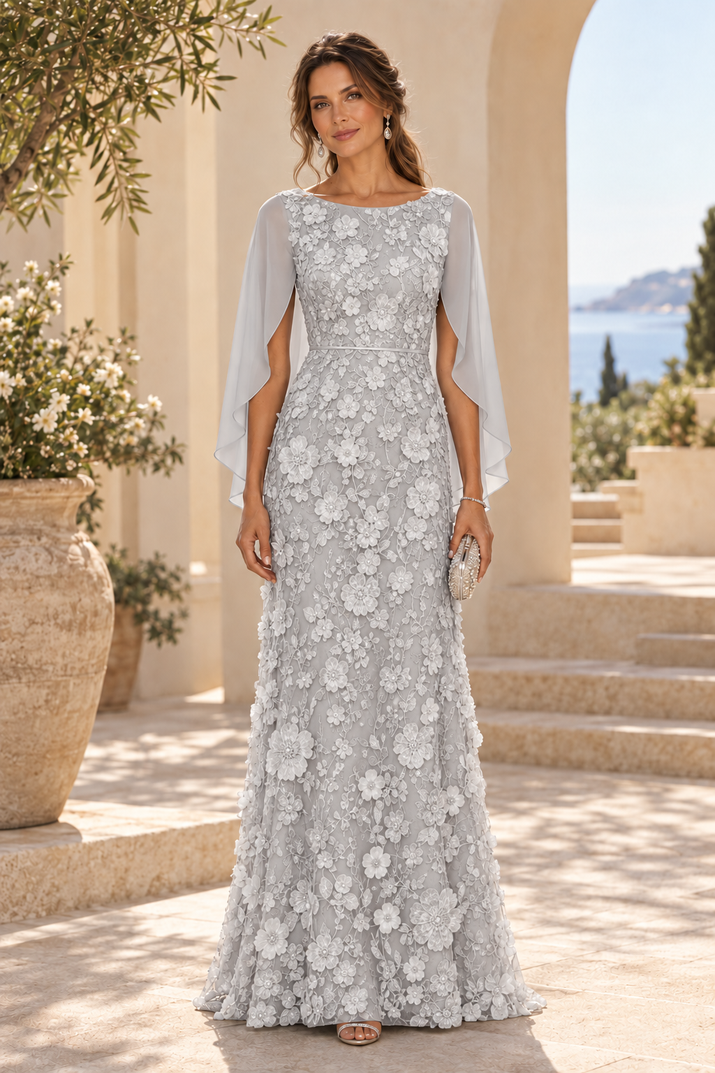 3D Floral Applique Gown with Draped Back Cape