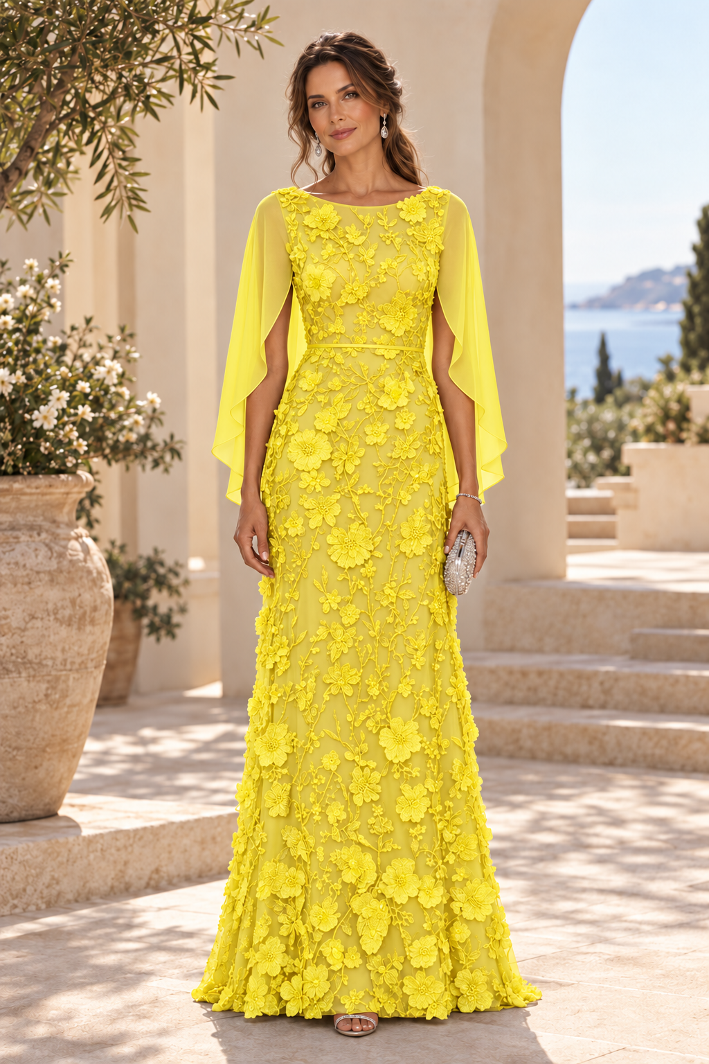 3D Floral Applique Gown with Draped Back Cape