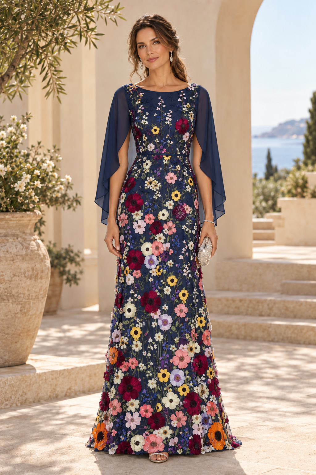 3D Floral Applique Gown with Draped Back Cape