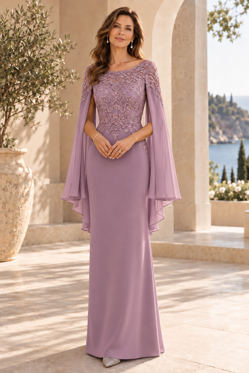 Embroidered Cape Sleeve Floor-Length Gown