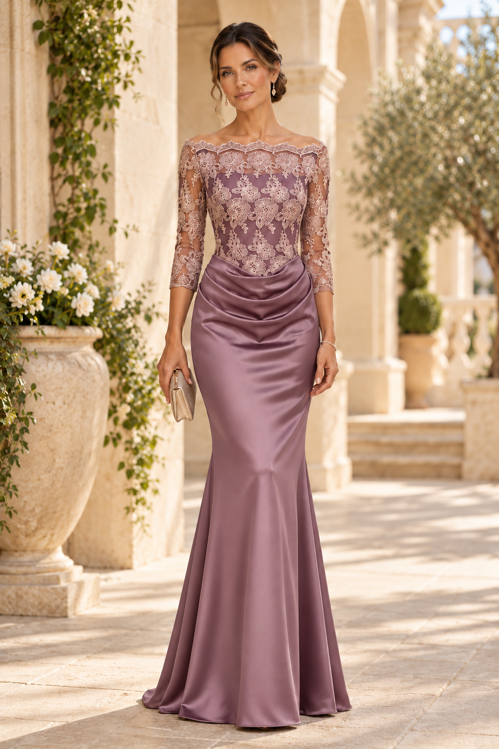 Embroidered Lace Bodice Mermaid Evening Gown