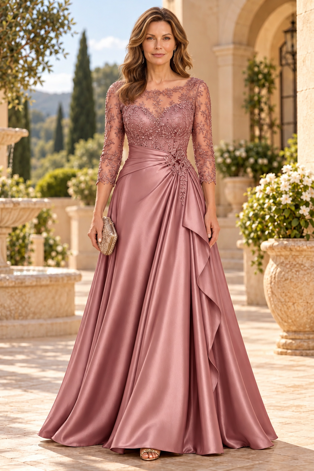 Embroidered Illusion Bodice Satin A-Line Gown