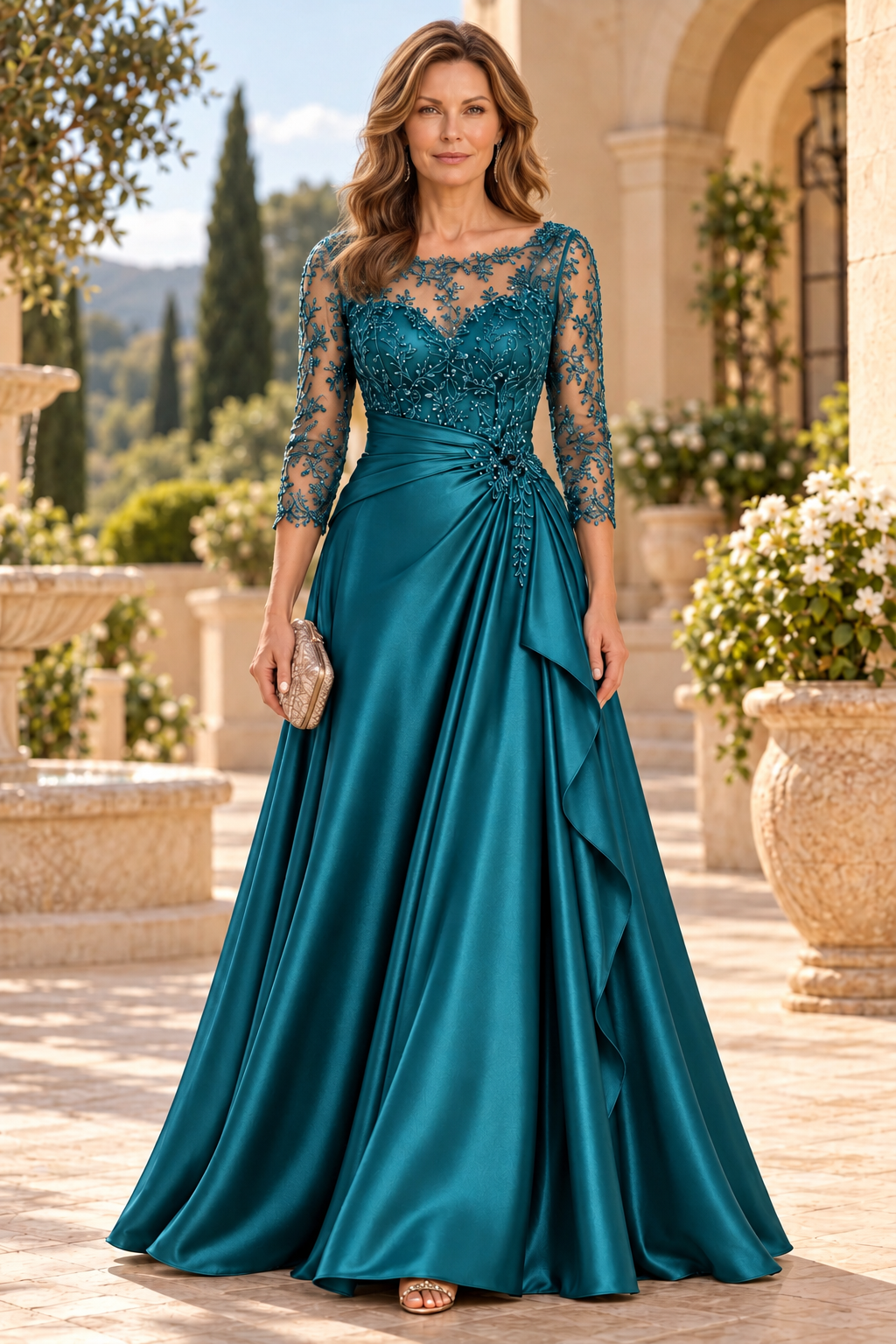 Embroidered Illusion Bodice Satin A-Line Gown